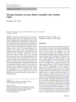 Nitrogen Dynamics in Large Shallow Eutrophic Lake Chaohu, China