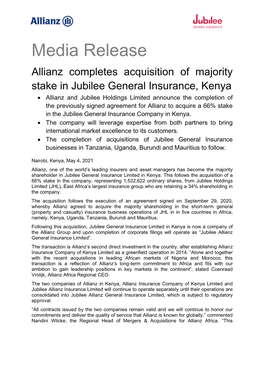 Allianz Completes Acquisition of Majority Stake in Jubilee General