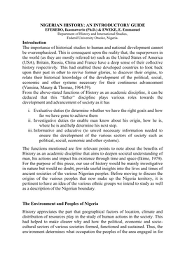 NIGERIAN HISTORY: an INTRODUCTORY GUIDE EFEREBO, Ikaonaworio (Ph.D.) & EWEKE, E