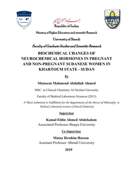 Biochemical Changes of Neurochemical Hormones in Pregnant and Non-Pregnant Sudanese Women in Khartoum State - Sudan