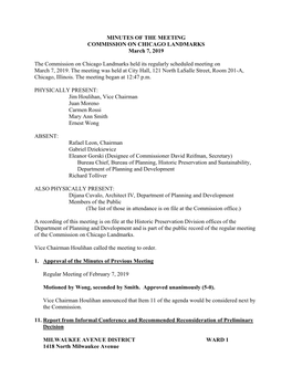 MINUTES of the MEETING COMMISSION on CHICAGO LANDMARKS March 7, 2019