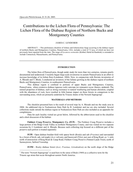 Contributions to the Lichen Flora of Pennsylvania: the Lichen Flora of the Diabase Region of Northern Bucks and Montgomery Counties