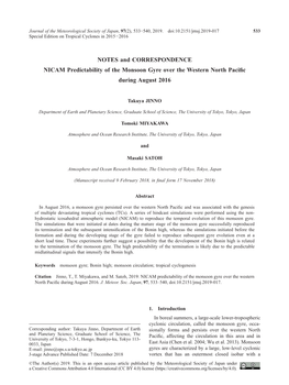 NOTES and CORRESPONDENCE NICAM Predictability of the Monsoon Gyre Over the Western North Pacific During August 2016