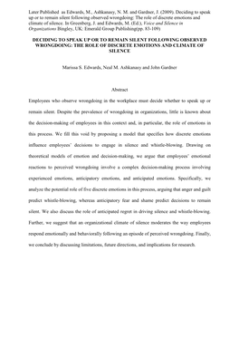 Deciding to Speak up Or to Remain Silent Following Observed Wrongdoing: the Role of Discrete Emotions and Climate of Silence