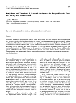 Traditional and Emotional Stylometric Analysis of the Songs of Beatles Paul Mccartney and John Lennon