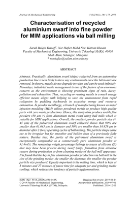 Characterisation of Recycled Aluminium Swarf Into Fine Powder for MIM Applications Via Ball Milling