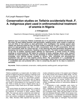 Conservation Studies on Telfairia Occidentalis Hook .F. A. Indigenous Plant Used in Enthnomedicinal Treatment of Anemia in Nigeria
