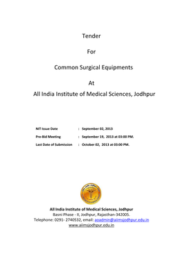 Tender for Common Surgical Equipments at All India Institute Of