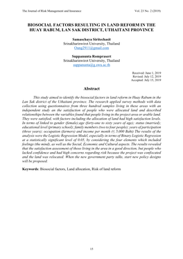 Biosocial Factors Resulting in Land Reform in the Huay Rabum, Lan Sak District, Uthaitani Province