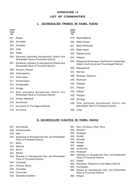 Annexure – 3 List of Communities Ii. Scheduled Castes in Tamil Nadu I. Scheduled Tribes in Tamil Nadu