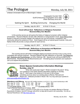 The Prologue Monday, July 18, 2011 Unitarian Universalist Church of Bloomington, Indiana