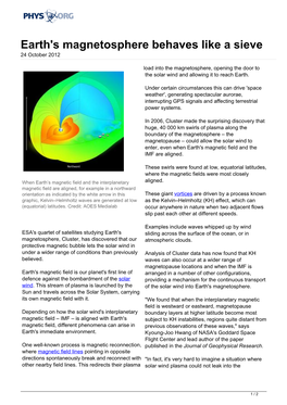 Earth's Magnetosphere Behaves Like a Sieve 24 October 2012