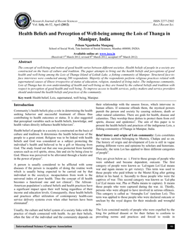 Health Beliefs and Perception of Well-Being Among the Lois of Thanga in Manipur, India