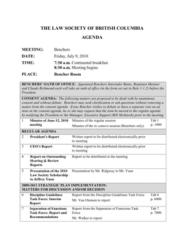 Agenda: Benchers Meeting, July 9 2010