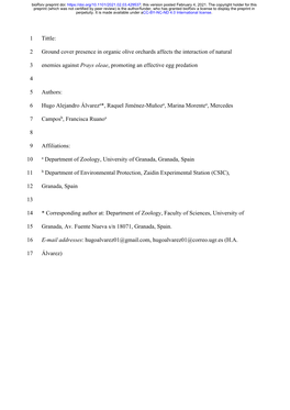 Ground Cover Presence in Organic Olive Orchards Affects the Interaction of Natural