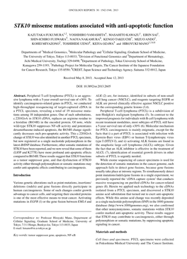 STK10 Missense Mutations Associated with Anti-Apoptotic Function