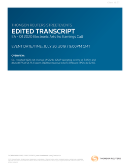 Q1 2020 Electronic Arts Inc Earnings Call on July 30, 2019 / 9:00PM