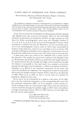 SCREW AXES of SYMMETRY and THEIR SYMBOLS* Hnnnr Baonn, Bureau of Mineral, Research, Rutgers Ijniversity, New Brunsutich, New