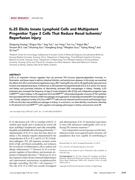 IL-25 Elicits Innate Lymphoid Cells and Multipotent Progenitor Type 2 Cells That Reduce Renal Ischemic/ Reperfusion Injury