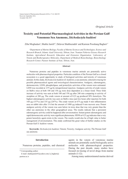 Toxicity and Potential Pharmacological Activities in the Persian Gulf Venomous Sea Anemone, Stichodactyla Haddoni