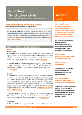Aid in Danger Monthly News Brief October Insecurity Affecting Aid Workers and Aid Delivery 2018