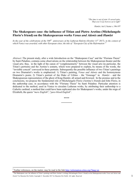 The Influence of Titian and Pietro Aretino (Michelangelo Florio’S Friend) on the Shakespearean Works Venus and Adonis and Hamlet