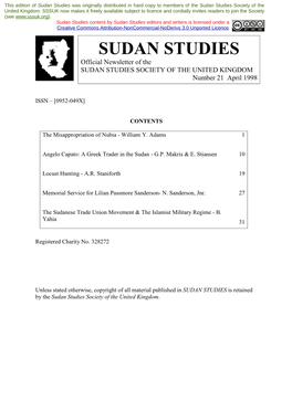 Sudan Studies Was Originally Distributed in Hard Copy to Members of the Sudan Studies Society of the United Kingdom