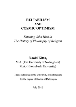 RELIABILISM COSMIC OPTIMISM Naoki Kitta