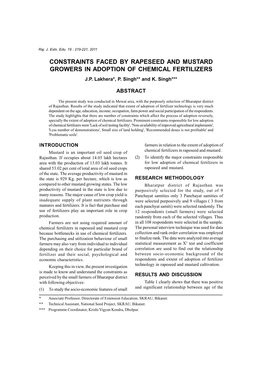 Constraints Faced by Rapeseed and Mustard Growers in Adoption of Chemical Fertilizers J.P