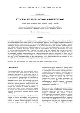 Ionic Liquids: Preparations and Limitations