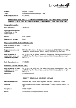 Land Known As Biscathorpe Lake Reference Number: CA/7/1/397