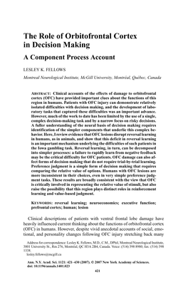 The Role of Orbitofrontal Cortex in Decision Making a Component Process Account