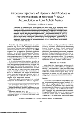 Intraocular Injections of Nipecotic Acid Produce a Preferential Block of Neuronal 3H-GABA Accumulation in Adult Rabbit Retina