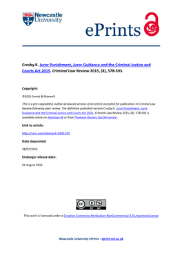 Juror Punishment, Juror Guidance and the Criminal Justice and Courts Act 2015. Criminal Law Review 2015, (8), 578-593