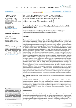 In Vitro Cytotoxicity and Antioxidative Potential of Nostoc Microscopicum