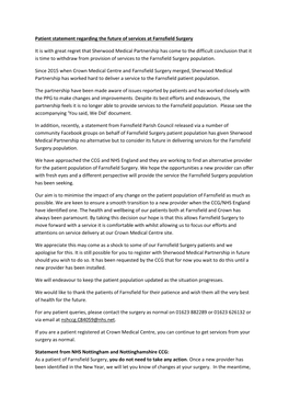 Patient Statement Regarding the Future of Services at Farnsfield Surgery It Is