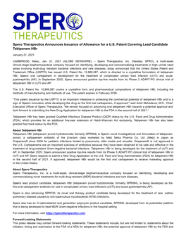 Spero Therapeutics Announces Issuance of Allowance for a U.S. Patent Covering Lead Candidate Tebipenem Hbr