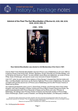 Admiral of the Fleet the Earl Mountbatten of Burma KG, GCB, OM, GCSI, GCIE, GCVO, DSO, PC