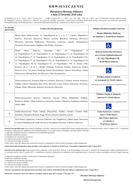 OBWIESZCZENIE Burmistrza Bornego Sulinowa Z Dnia 23 Kwietnia 2019 Roku