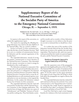 Supplementary Report of the National Executive Committee of the Socialist Party of America to the Emergency National Convention: Chicago, IL — September 4, 1919