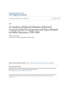 An Analysis of Editorial Attitudes of Selected Louisiana Daily Newspaperstoward Topics Related to Public Education, 1950-1969