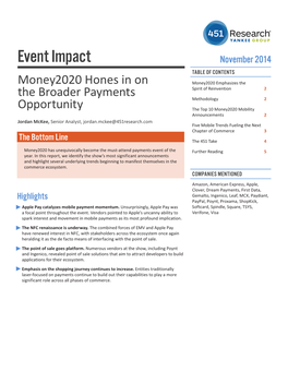 Event Impact November 2014 TABLE of CONTENTS Money2020 Hones in on Money2020 Emphasizes the Spirit of Reinvention 2 the Broader Payments Methodology 2