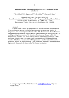 Luminescence and Scintillation Properties of Csi -- a Potential Cryogenic Scintillator