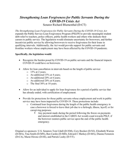 Strengthening Loan Forgiveness for Public Servants During the COVID-19 Crisis Act Senator Richard Blumenthal (D-CT)