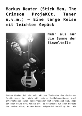 Markus Reuter (Stick Men, the Crimson Projekct, Tuner U.V.M.) – Eine Lange Reise Mit Leichtem Gepäck