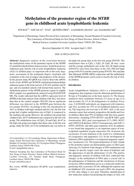 Methylation of the Promoter Region of the MTRR Gene in Childhood Acute Lymphoblastic Leukemia