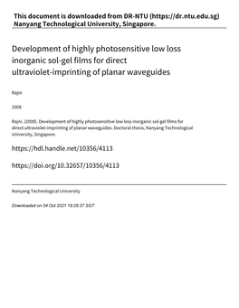 Development of Highly Photosensitive Low Loss Inorganic Sol‑Gel Films for Direct Ultraviolet‑Imprinting of Planar Waveguides