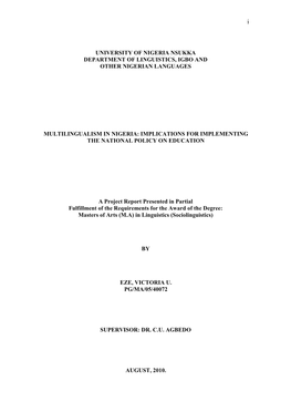 University of Nigeria Nsukka Department of Linguistics, Igbo and Other Nigerian Languages