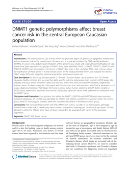 DNMT1 Genetic Polymorphisms Affect Breast Cancer Risk in the Central