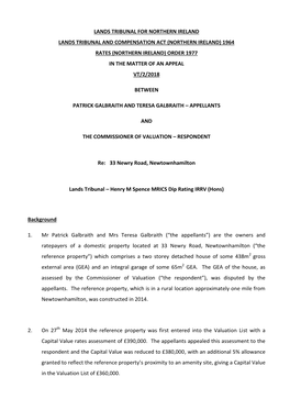 Northern Ireland Lands Tribunal and Compensation Act (Northern Ireland) 1964 Rates (Northern Ireland) Order 1977 in the Matter of an Appeal Vt/2/2018